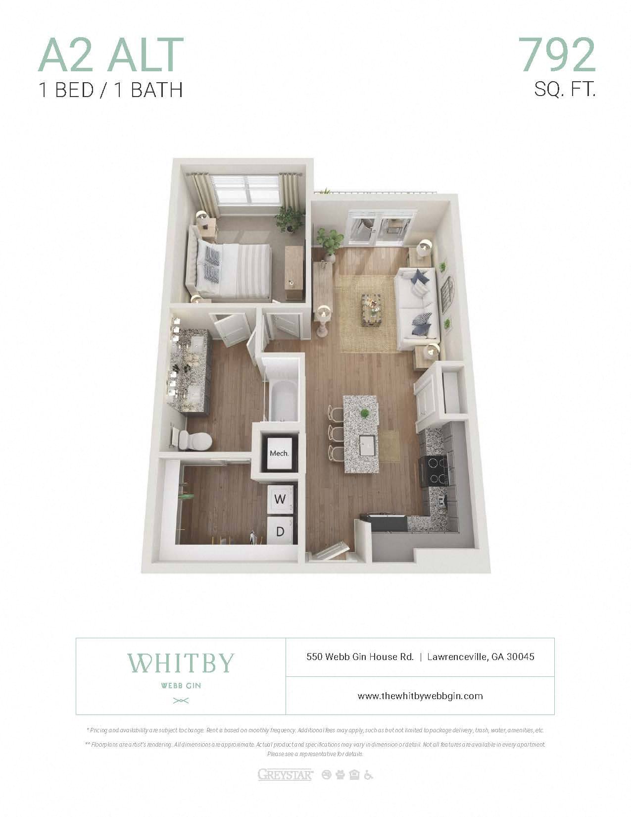 Floor plan for 1 bed, 1 bath, 792 sqft